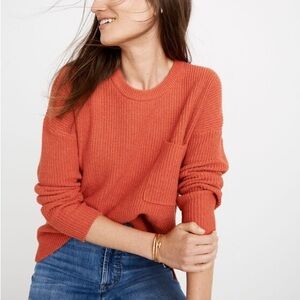 Madewell Thompson Pocket Pullover Sweater LARGE- Heather Lipstick (red-coral)